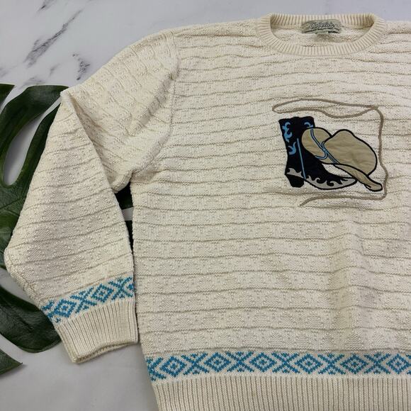 Cabelas Womens Vintage Y2k Western Sweater Size M Cream Blue Embroidered Cowgirl - Picture 4 of 12